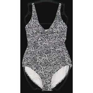 Lands' End ~Woman Size M~ White/Black Floral Print V-Neck One Piece Swimsuit.